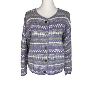Alps Vintage Womens Fair Isle Cardigan Sweater Purple Green Size L Made in USA